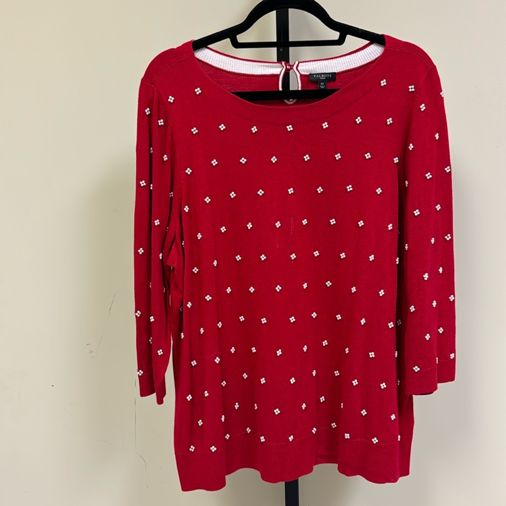 Talbots red sweater with pearls